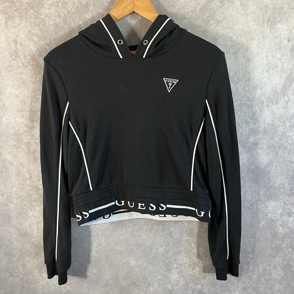 Guess Cropped Hoodie Women L Black White Logo Piping Y2K Vintage *No Drawstring*